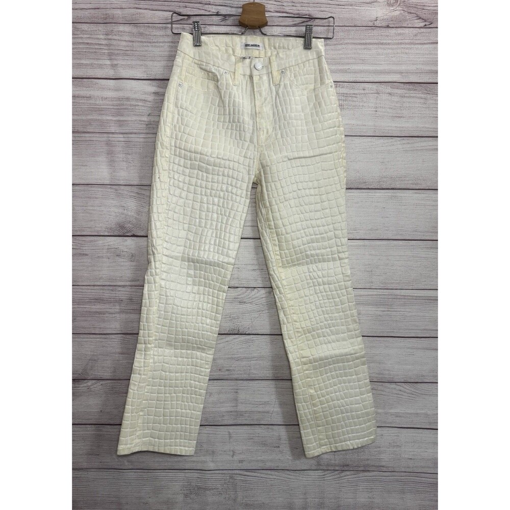 Good American Good Straight White Stretch Ankle Crop Croc-embossed Jeans Sz 2/26
